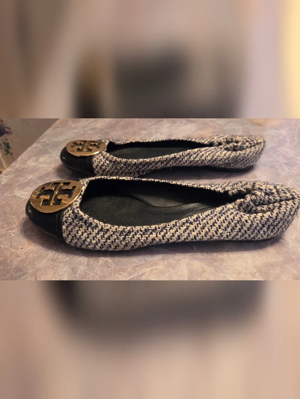 Tory Burch Black and Cream Tweed Ballet Flats with Gold Logo